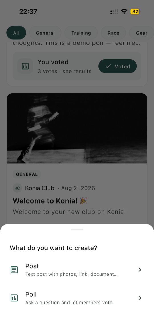 Club feed with a poll, and the menu to create a post or a poll