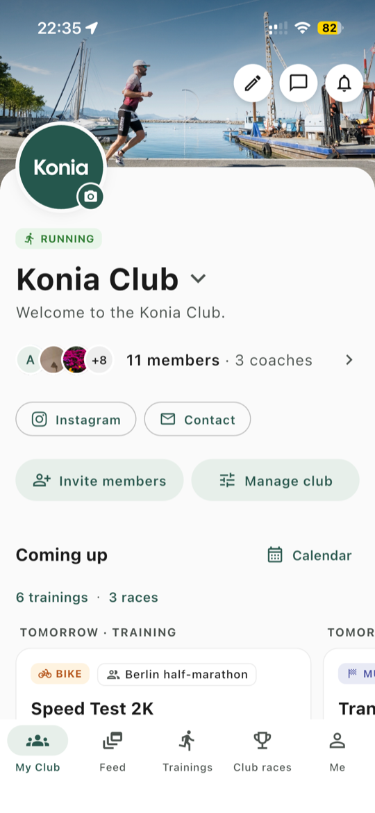 My Club: the club's page with its cover photo, members, what is coming up, and the Manage club button