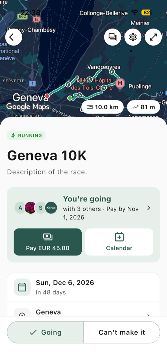 Club race detail: the member is going and pays the 45 euro entry fee in the app