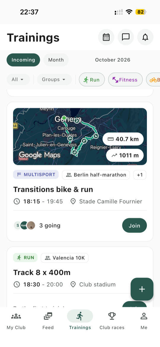 Trainings list: upcoming sessions with their route map, group and who is going